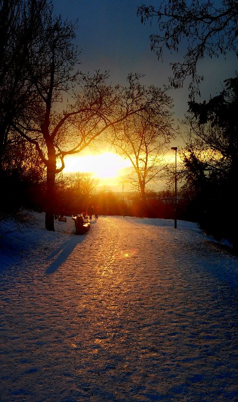 Zledovatl cesta tpytc se v zpadu slunce